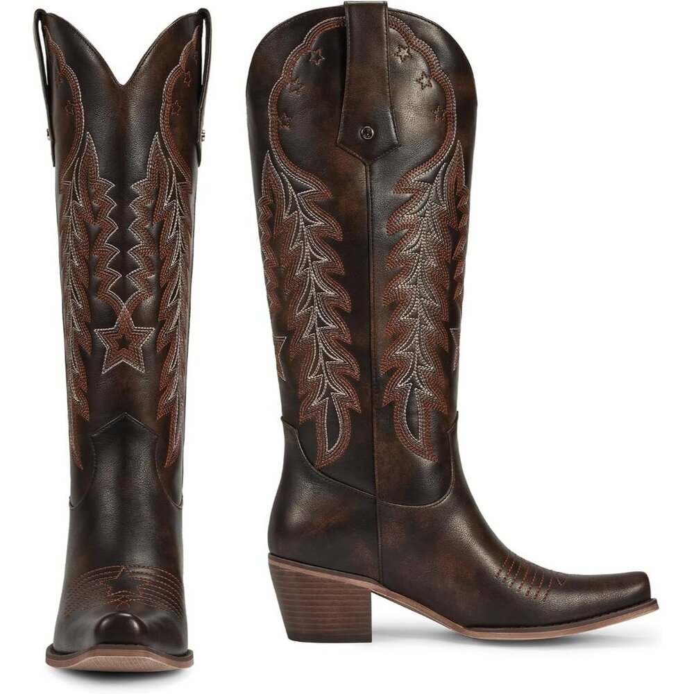 Women's Dark Brown Knee High Cowgirl Embroidered Chunky Heels Pointed Toe Boots - Picture 4 of 6